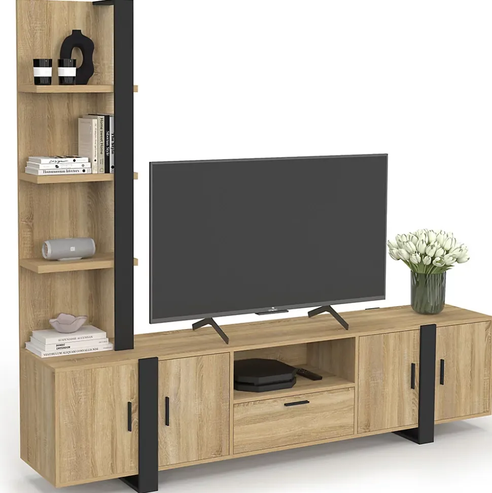 Ensemble meuble TV avec étagères et placard 200 cm PHOENIX bois et noir