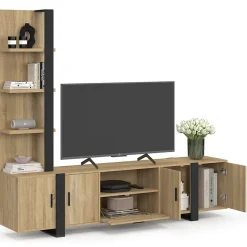 Ensemble meuble TV avec étagères et placard 200 cm PHOENIX bois et noir