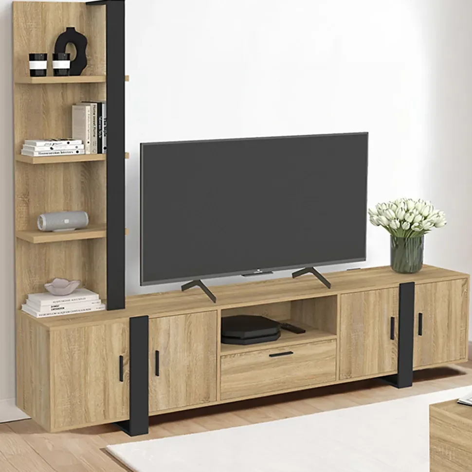 Ensemble meuble TV avec étagères et placard 200 cm PHOENIX bois et noir