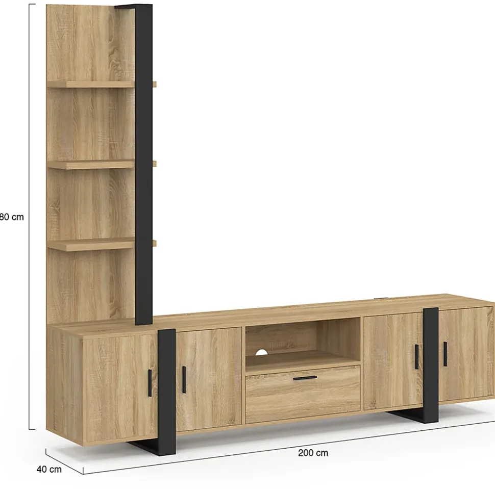 Ensemble meuble TV avec étagères et placard 200 cm PHOENIX bois et noir