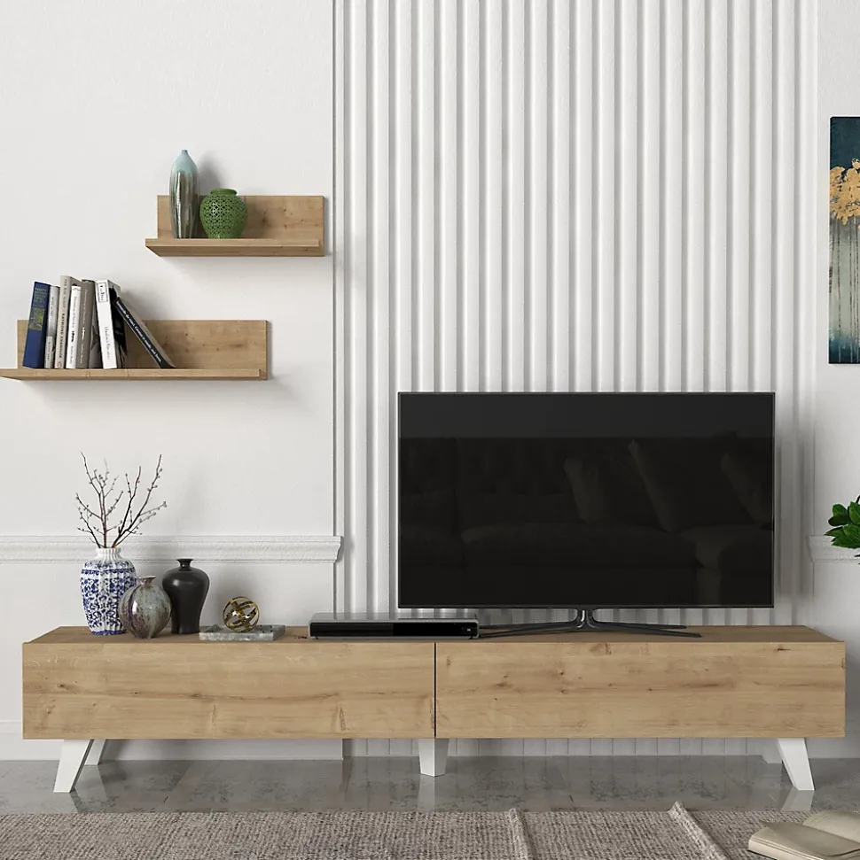 Ensemble meuble TV et 2 étagères Saarijärvi 180 x 31 x 33 cm effet chêne en.casa