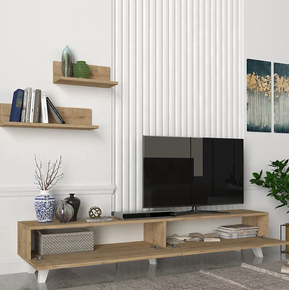 Ensemble meuble TV et 2 étagères Saarijärvi 180 x 31 x 33 cm effet chêne en.casa