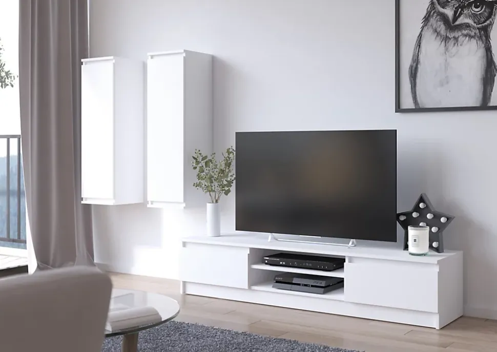Ensemble meuble TV pour le salon AKORD presentoir + meuble TV Blanc 240 cm 4 portes façade Blanche 8 étagères 240x40x140 cm