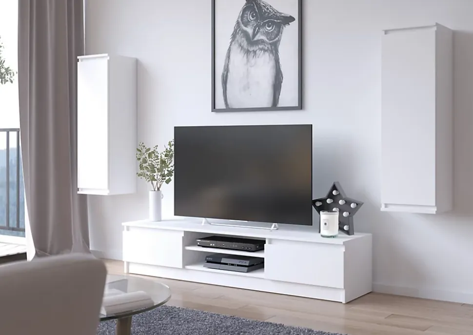 Ensemble meuble TV pour le salon AKORD presentoir + meuble TV Blanc 240 cm 4 portes façade Blanche 8 étagères 240x40x140 cm