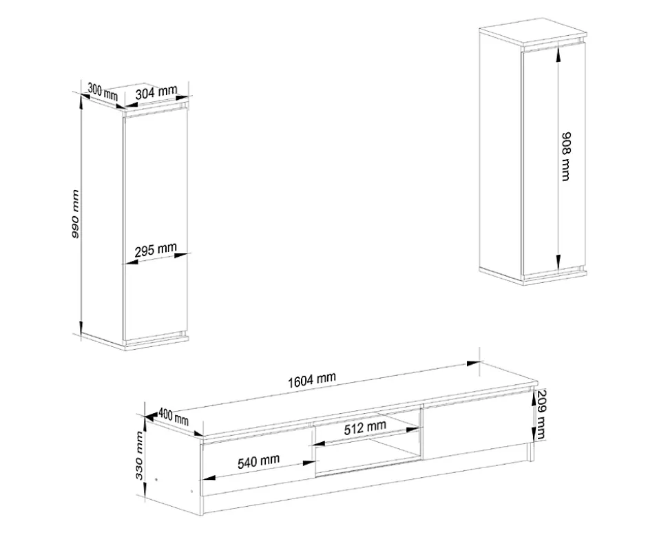 Ensemble meuble TV pour le salon AKORD presentoir + meuble TV Blanc 240 cm 4 portes façade Blanche 8 étagères 240x40x140 cm