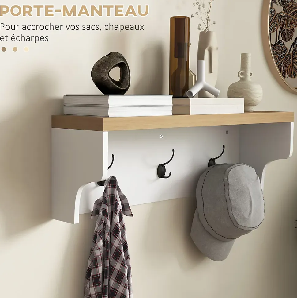 Ensemble meubles d'entrée porte-manteau mural 3 patères doubles banc à chaussures 9 casiers