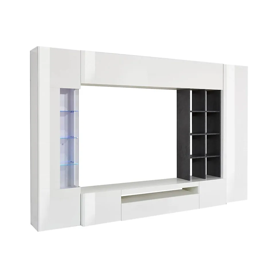 Ensemble mural Ocean, meuble TV pour salon, meuble de salon polyvalent avec lumière LED, 290x40h192 cm, blanc brillant et ardoise