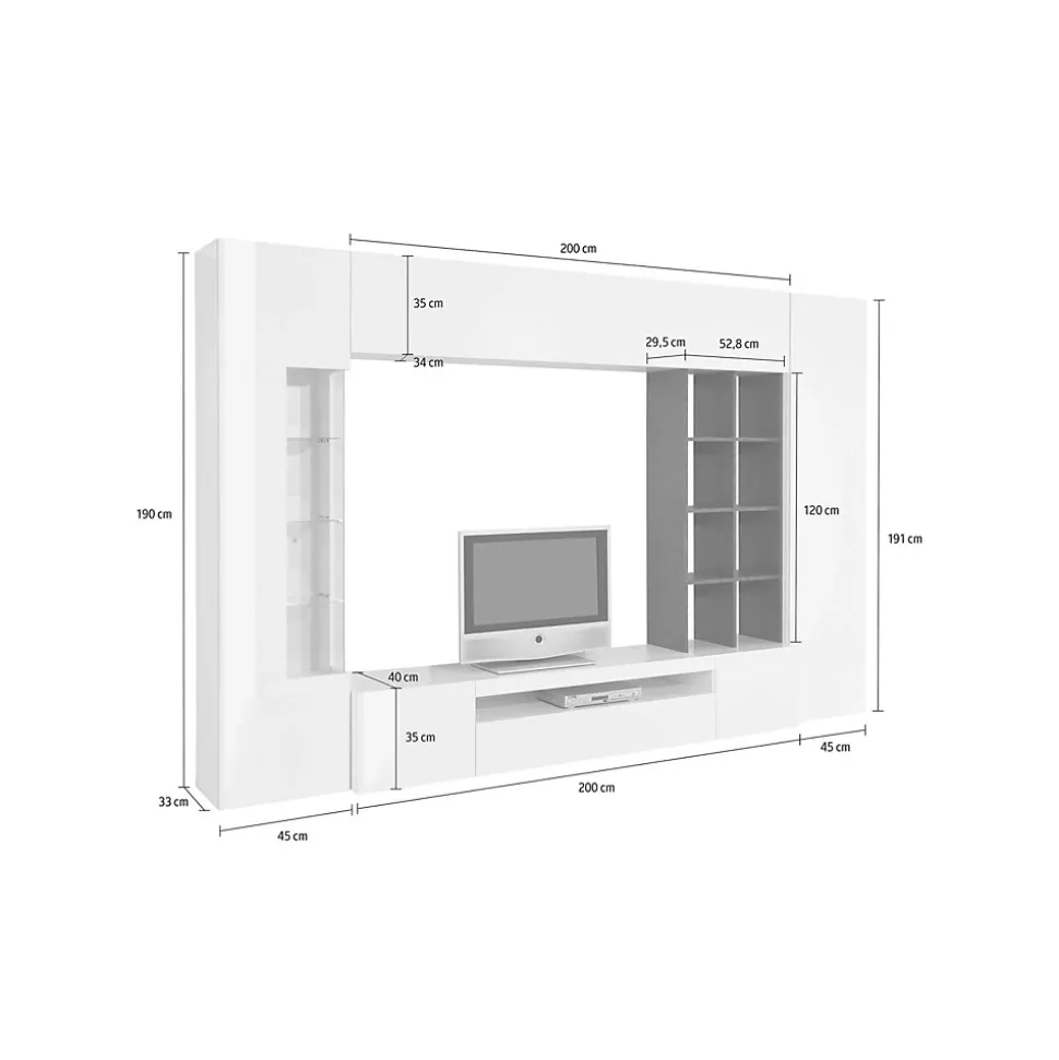 Ensemble mural Ocean, meuble TV pour salon, meuble de salon polyvalent avec lumière LED, 290x40h192 cm, blanc brillant et ardoise