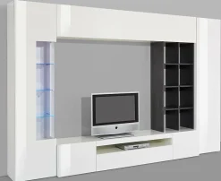 Ensemble mural Ocean, meuble TV pour salon, meuble de salon polyvalent avec lumière LED, 290x40h192 cm, blanc brillant et ardoise