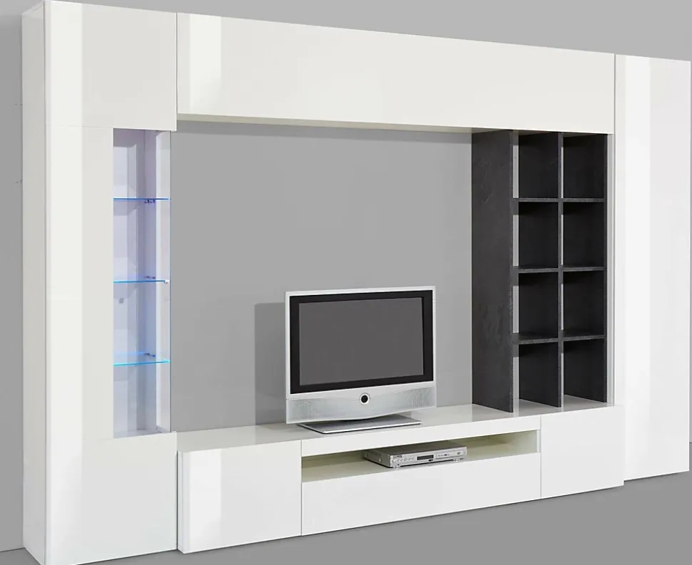Ensemble mural Ocean, meuble TV pour salon, meuble de salon polyvalent avec lumière LED, 290x40h192 cm, blanc brillant et ardoise
