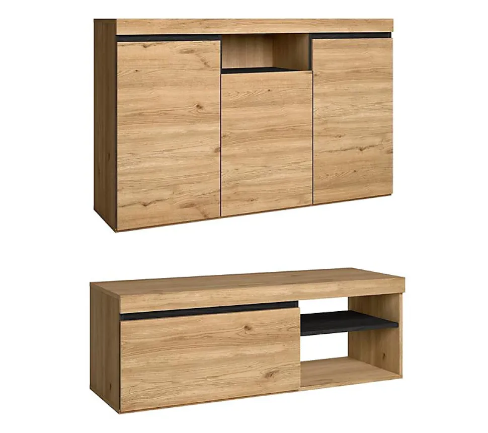 Ensemble Naturale buffet meuble TV 120cm couleur chêne et noir
