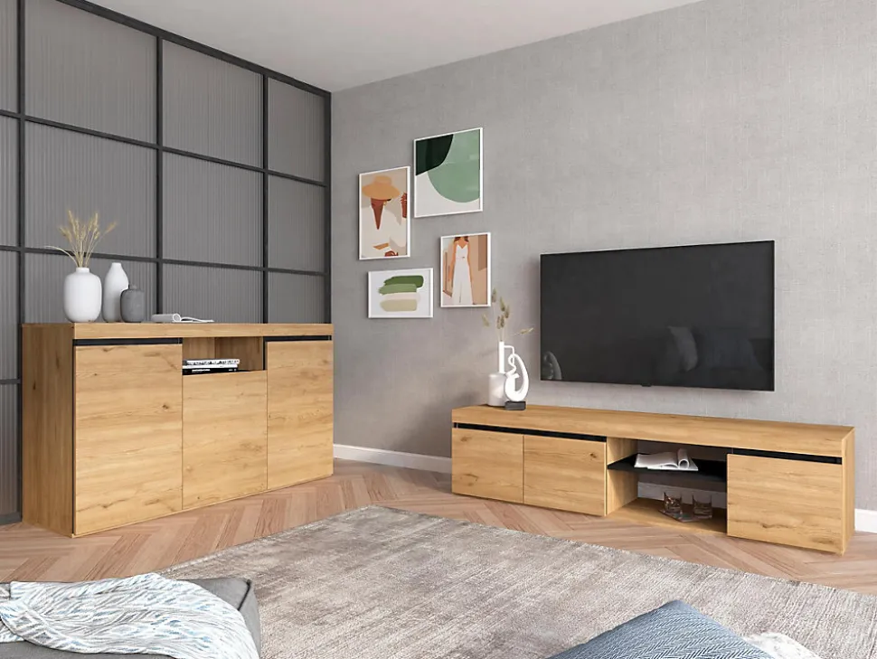 Ensemble Naturale buffet meuble TV 160cm couleur chêne et noir