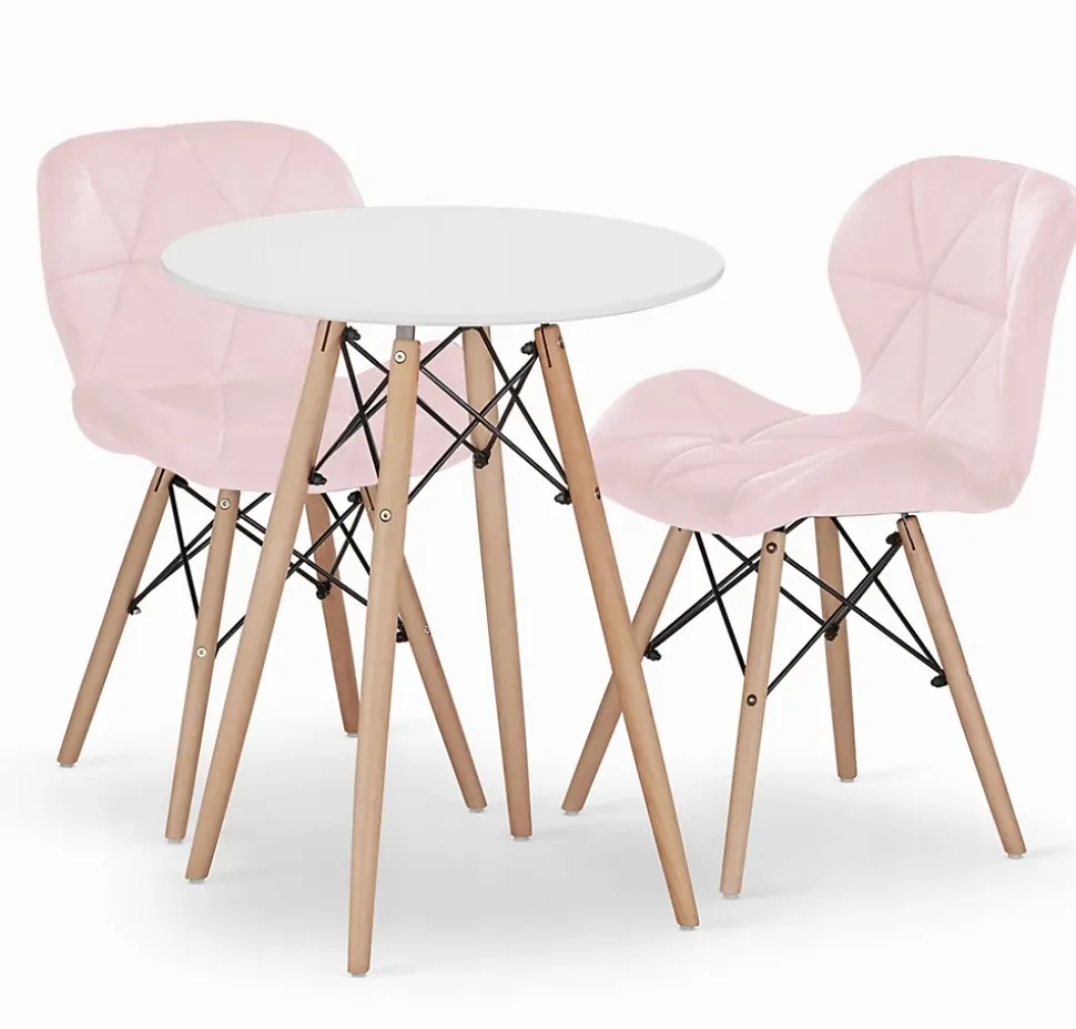 Ensemble repas Valora Table ronde blanche KOVA 60 cm + 2 chaises roses WAKO