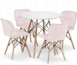 Ensemble repas Valora Table ronde blanche KOVA 80 cm + 4 chaises roses WAKO