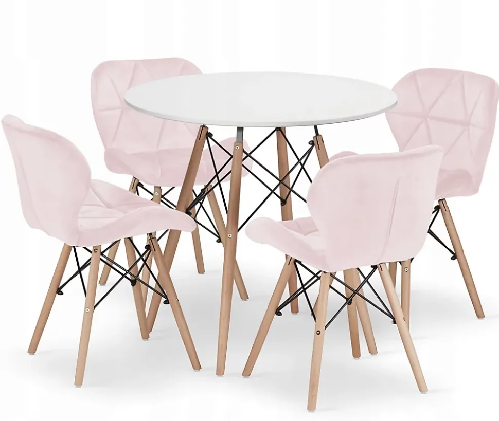 Ensemble repas Valora Table ronde blanche KOVA 80 cm + 4 chaises roses WAKO