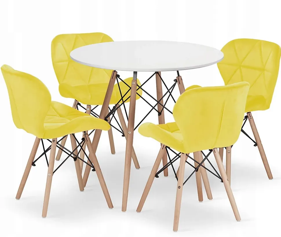 Ensemble repas Valora Table ronde blanche KOVA 80 cm + 4 chaises jaunes WAKO
