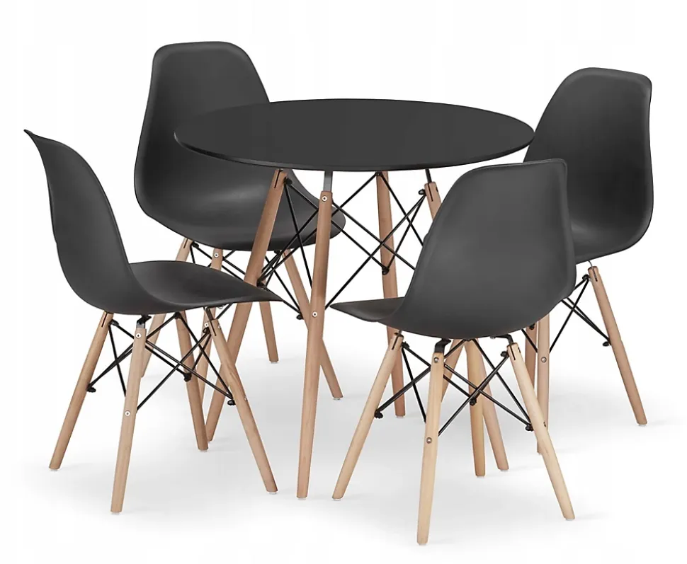 Ensemble repas Valora Table ronde noire KOVA 80 cm + 4 chaises noires OSAKA