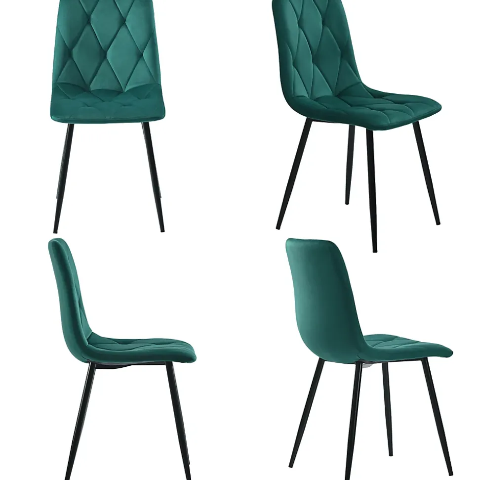 Ensemble repas 100x75 cm avec 4 chaises, plateau effet marbre MDF, structure métal noir et assises velours vert