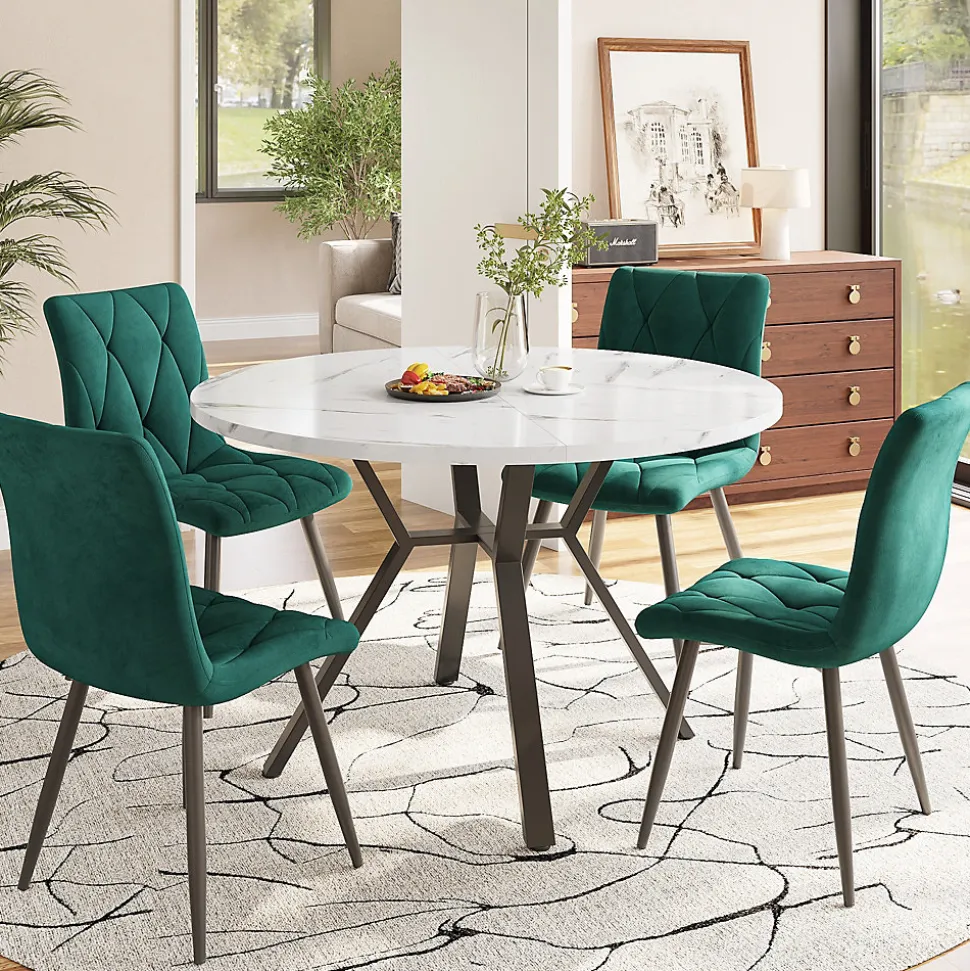 Ensemble repas 100x75 cm avec 4 chaises, plateau effet marbre MDF, structure métal noir et assises velours vert