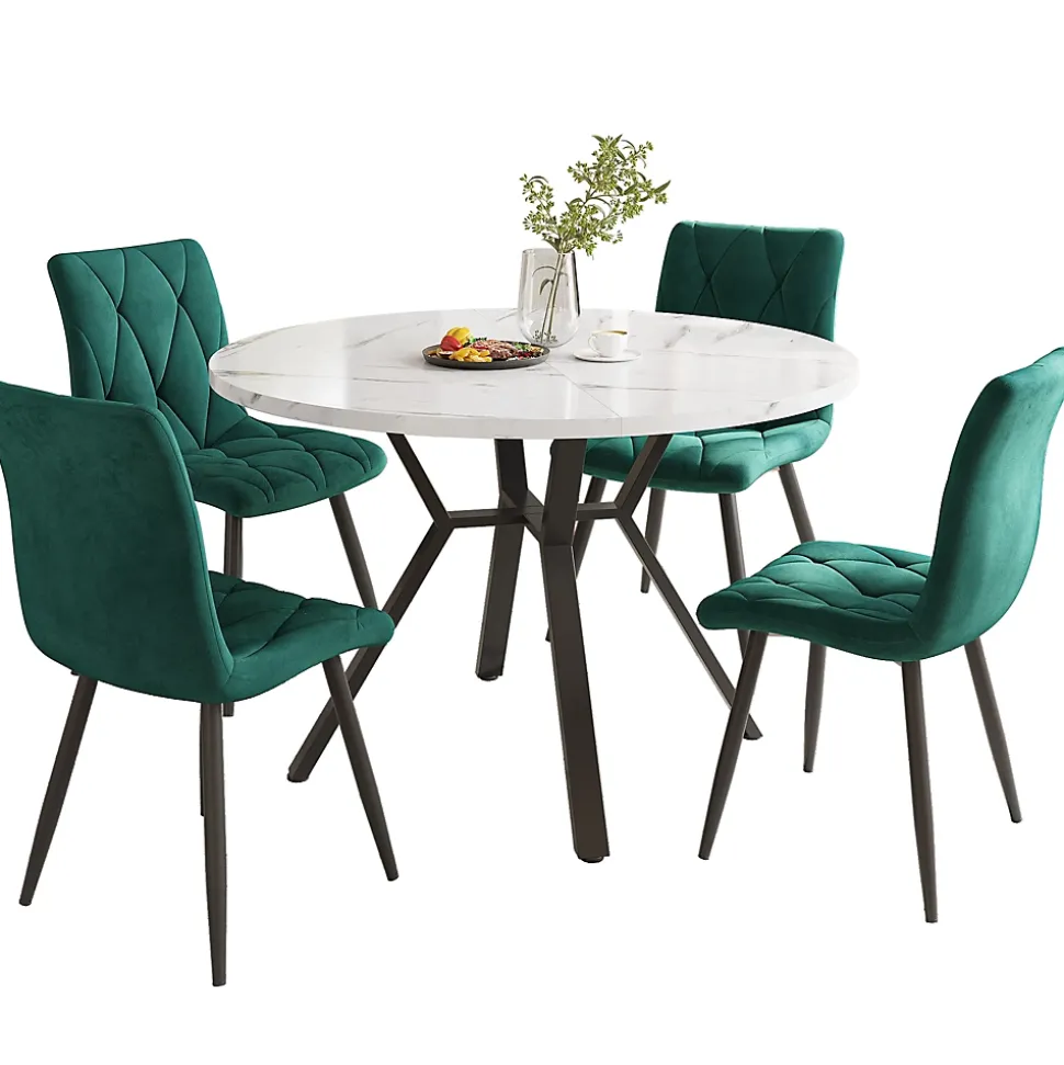 Ensemble repas 100x75 cm avec 4 chaises, plateau effet marbre MDF, structure métal noir et assises velours vert