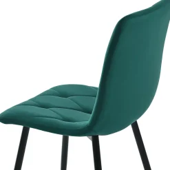 Ensemble repas 100x75 cm avec 4 chaises, plateau effet marbre MDF, structure métal noir et assises velours vert
