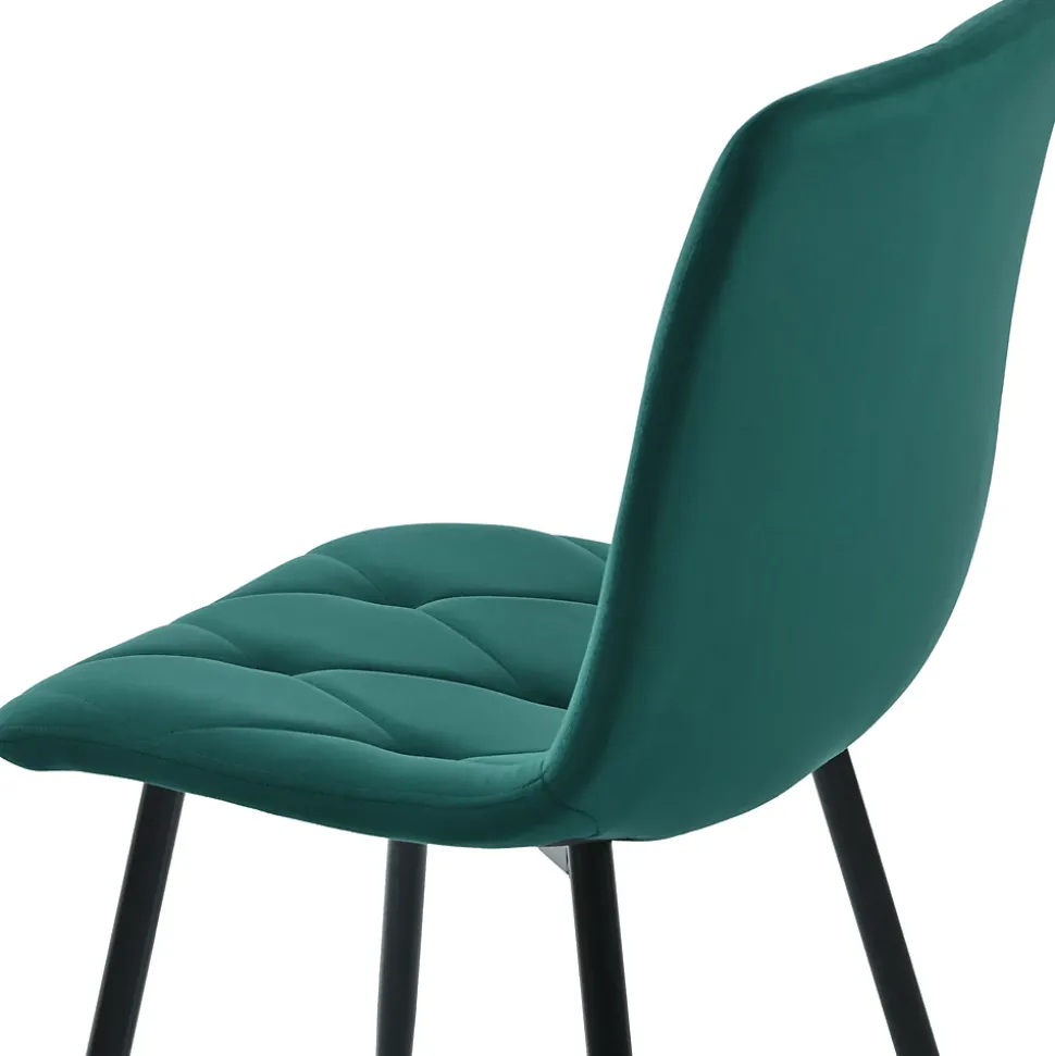 Ensemble repas 100x75 cm avec 4 chaises, plateau effet marbre MDF, structure métal noir et assises velours vert