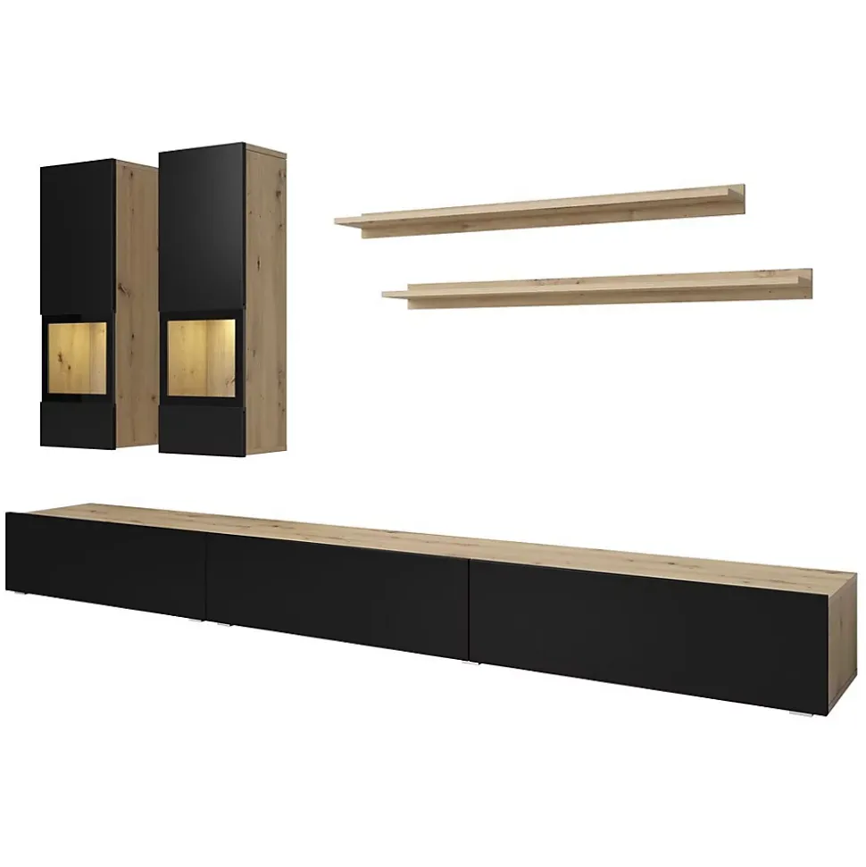 Ensemble salon complet RAMOS Chene et noir 7 meubles avec LED multicolore intégrée