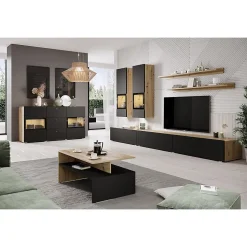 Ensemble salon complet RAMOS Chene et noir 7 meubles avec LED multicolore intégrée