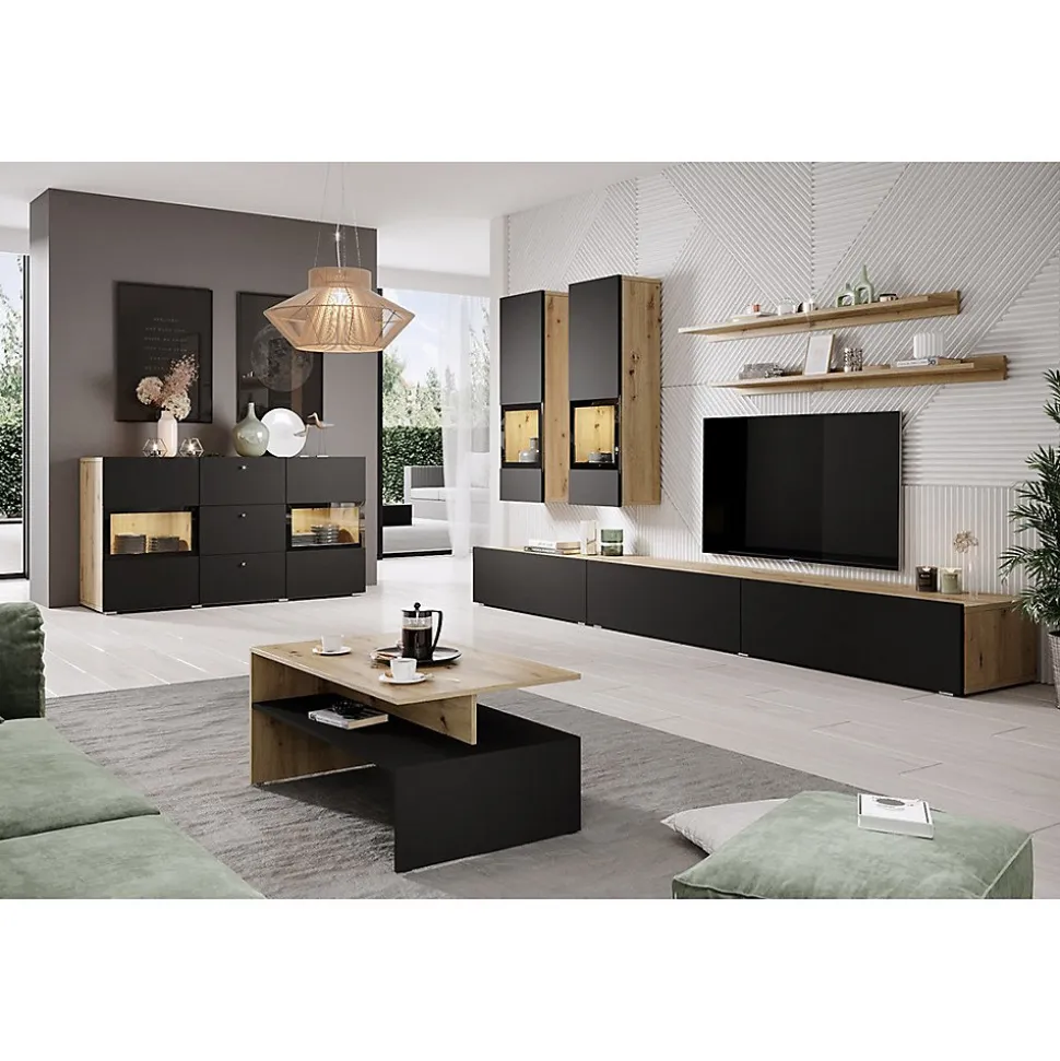 Ensemble salon complet RAMOS Chene et noir 7 meubles avec LED multicolore intégrée