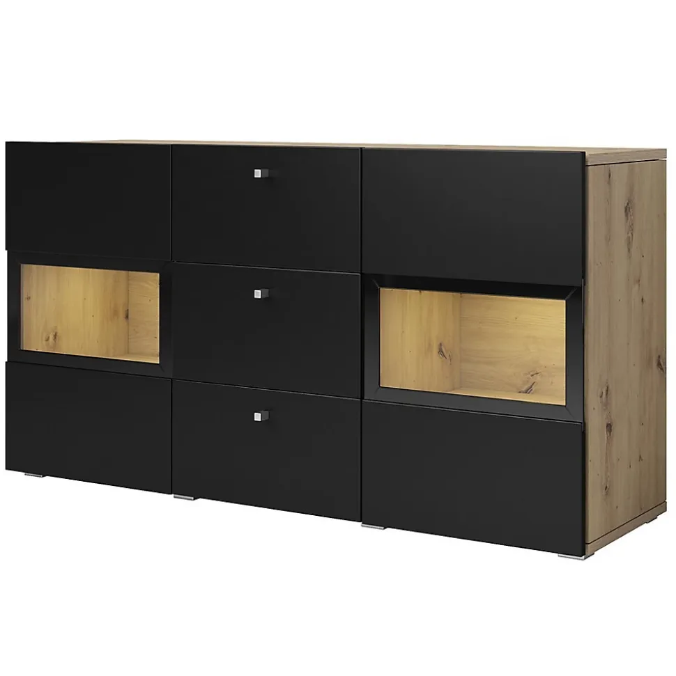 Ensemble salon complet RAMOS Chene et noir 7 meubles avec LED multicolore intégrée