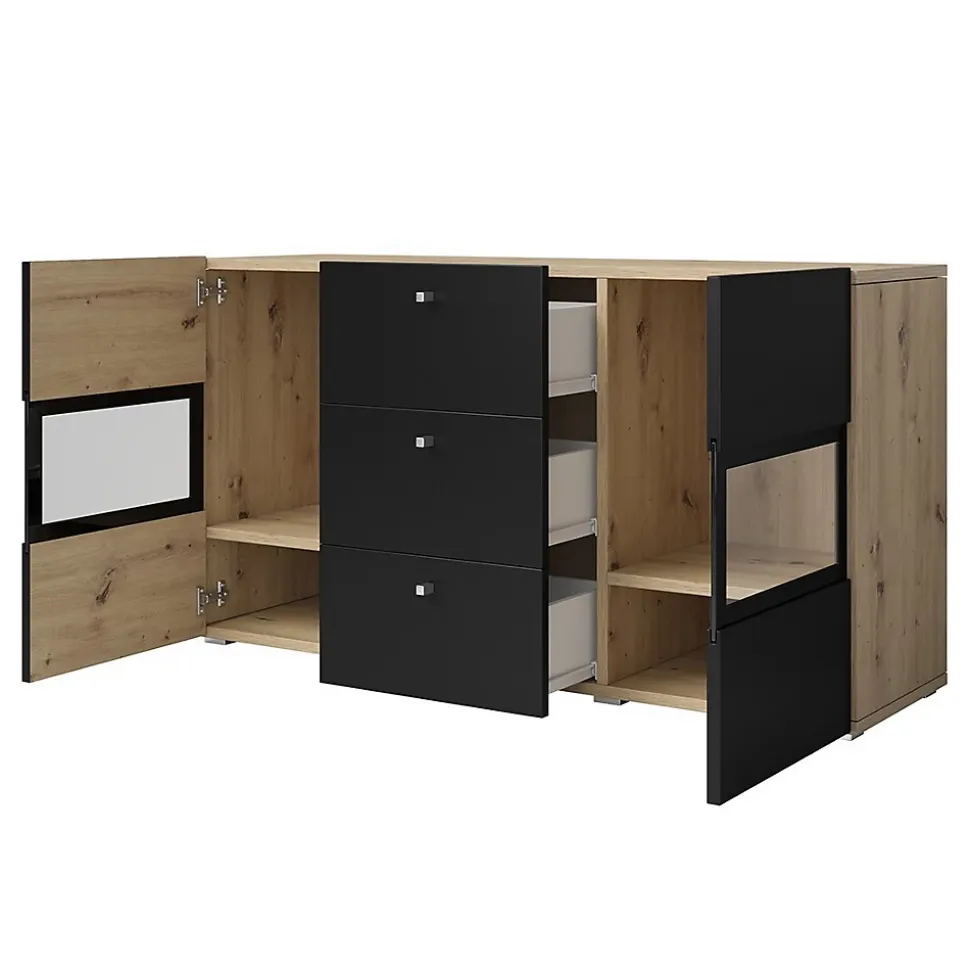 Ensemble salon complet RAMOS Chene et noir 7 meubles avec LED multicolore intégrée