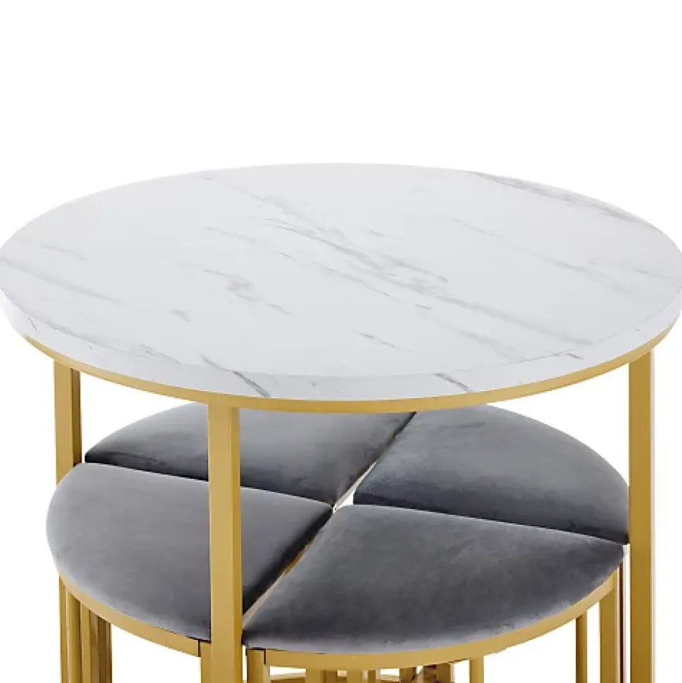 Ensemble table à manger avec 4 chaises gris en velours cadre doré et plateau MDF style moderne luxe