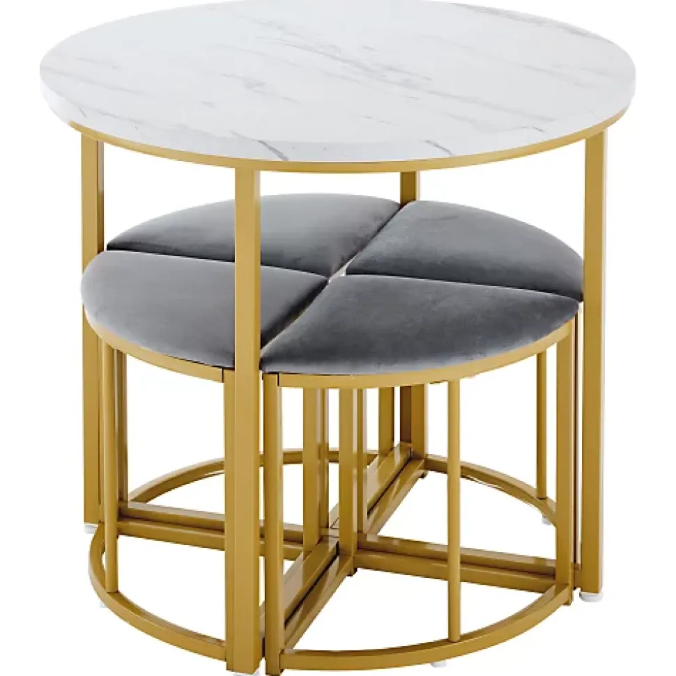 Ensemble table à manger avec 4 chaises gris en velours cadre doré et plateau MDF style moderne luxe