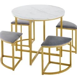 Ensemble table à manger avec 4 chaises gris en velours cadre doré et plateau MDF style moderne luxe