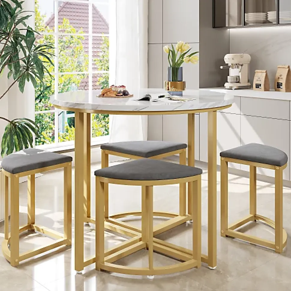 Ensemble table à manger avec 4 chaises gris en velours cadre doré et plateau MDF style moderne luxe