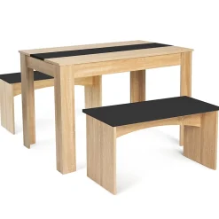 Ensemble table à manger et 2 bancs ROZY 4 personnes façon hêtre et noir 110 cm
