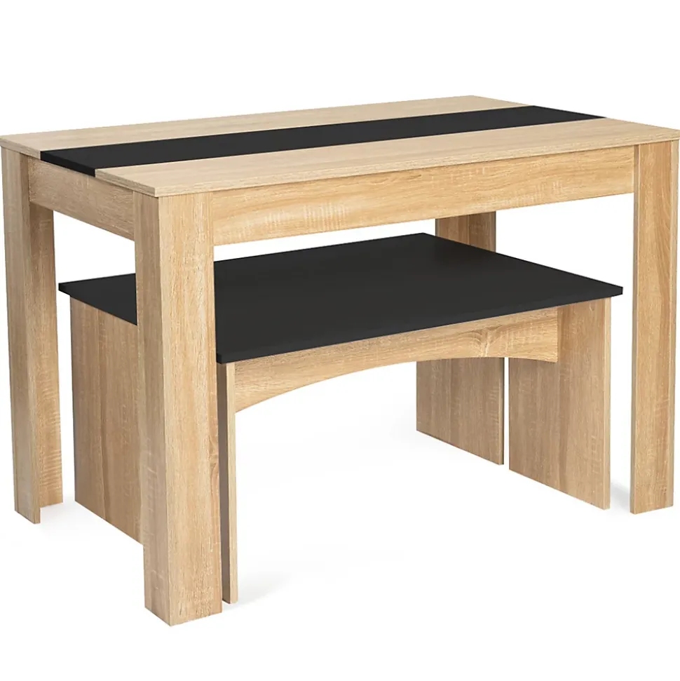 Ensemble table à manger et 2 bancs ROZY 4 personnes façon hêtre et noir 110 cm