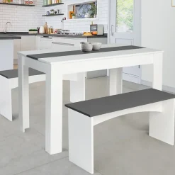 Ensemble table à manger et 2 bancs ROZY 4 personnes blanc et gris 110 cm