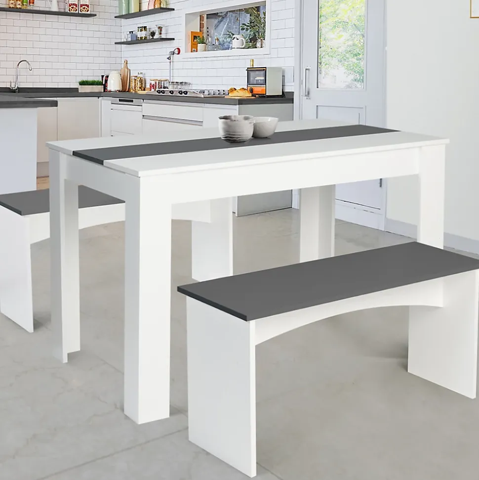 Ensemble table à manger et 2 bancs ROZY 4 personnes blanc et gris 110 cm