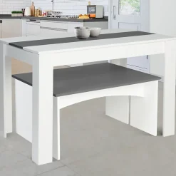 Ensemble table à manger et 2 bancs ROZY 4 personnes blanc et gris 110 cm