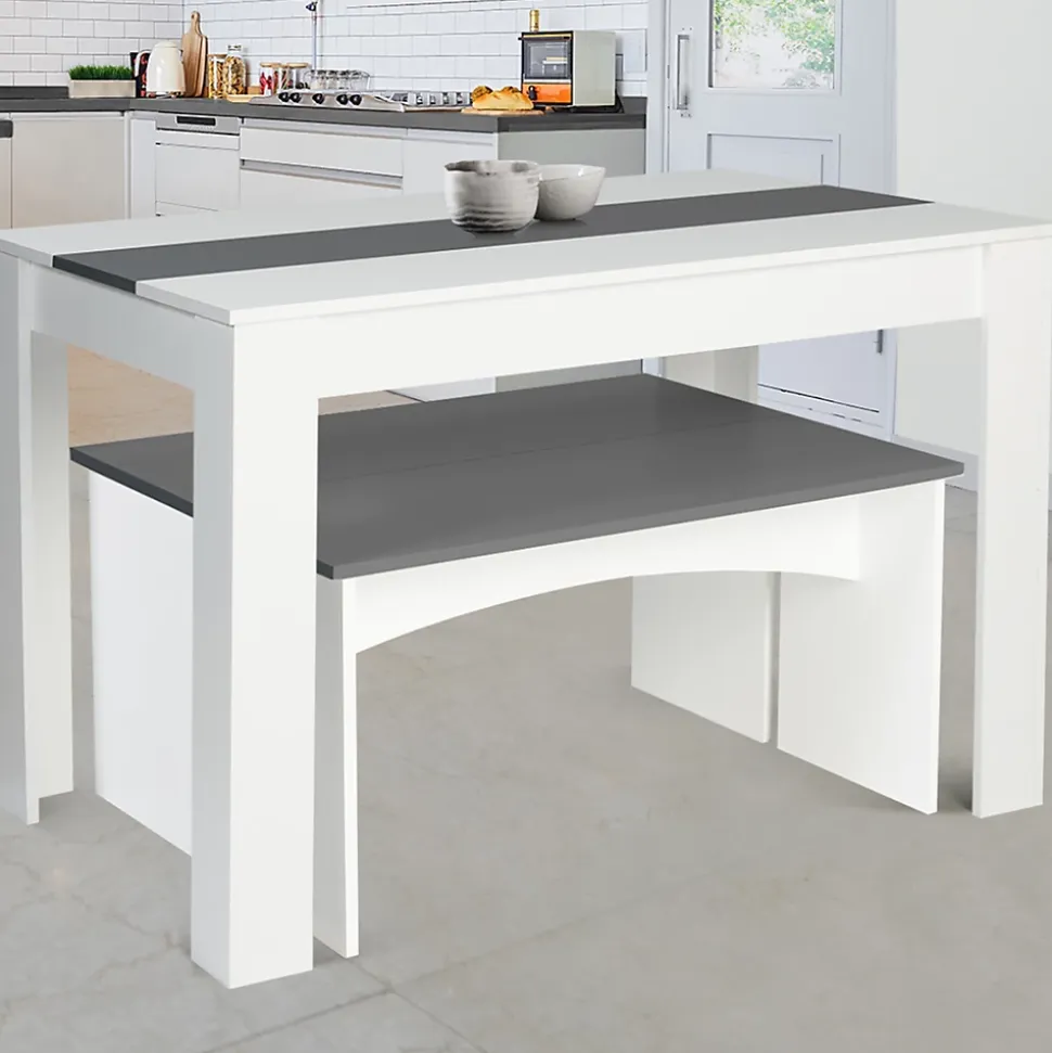 Ensemble table à manger et 2 bancs ROZY 4 personnes blanc et gris 110 cm