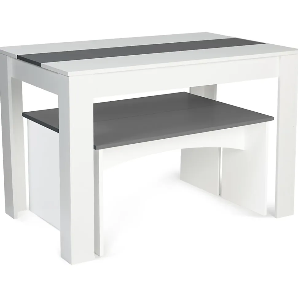 Ensemble table à manger et 2 bancs ROZY 4 personnes blanc et gris 110 cm