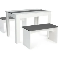 Ensemble table à manger et 2 bancs ROZY 4 personnes blanc et gris 110 cm