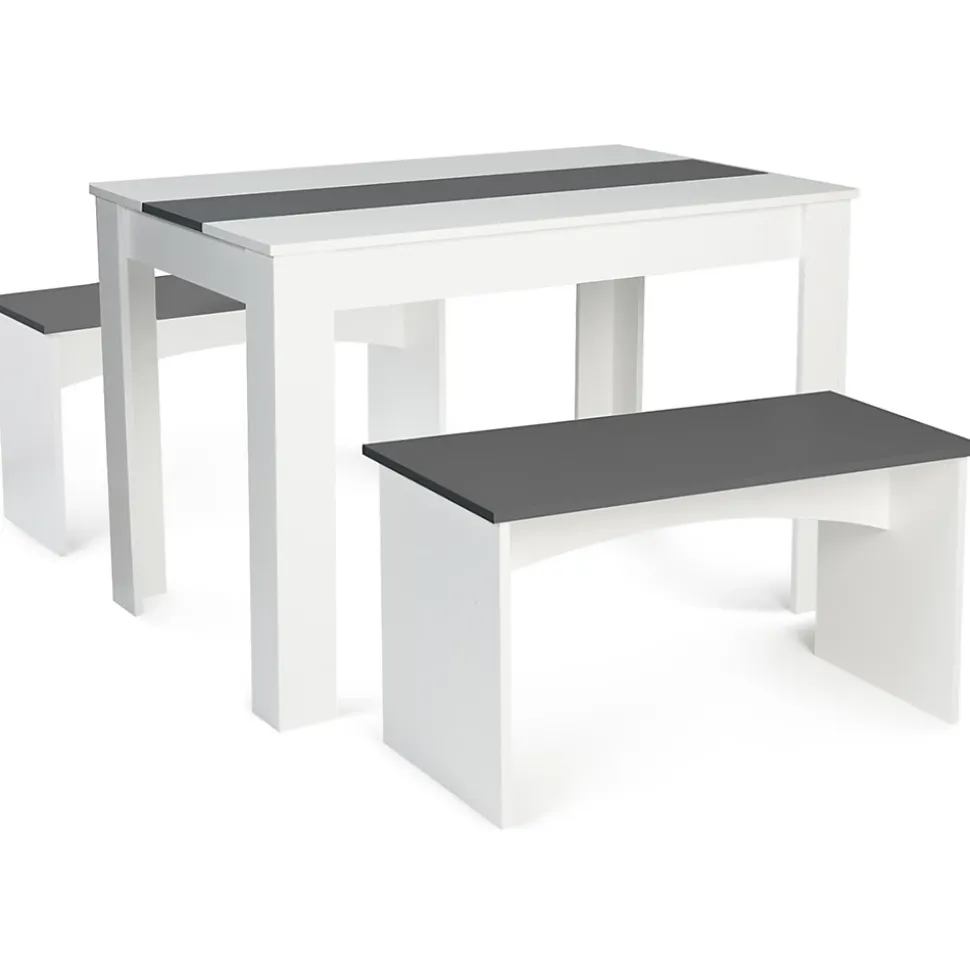 Ensemble table à manger et 2 bancs ROZY 4 personnes blanc et gris 110 cm