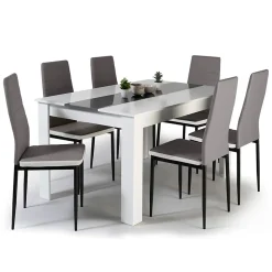Ensemble table à manger GEORGIA 140 cm blanche et grise et 6 chaises ROMANE grises liseré blanc