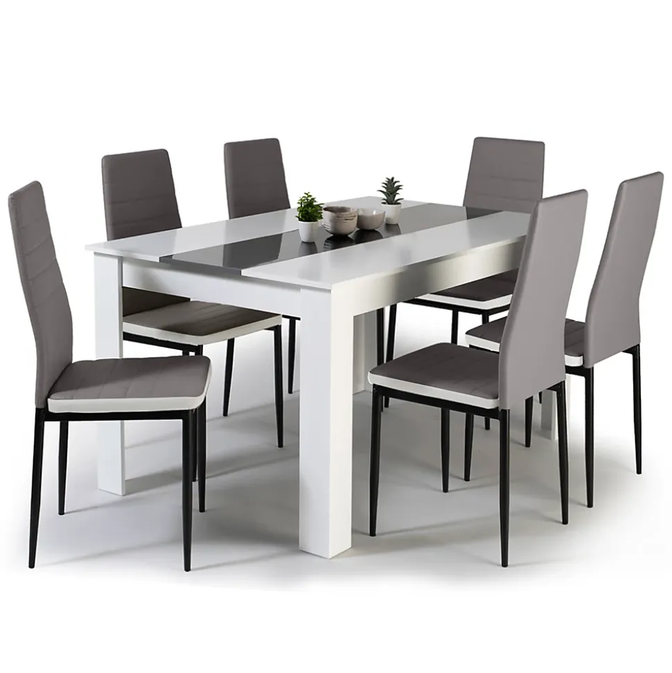 Ensemble table à manger GEORGIA 140 cm blanche et grise et 6 chaises ROMANE grises liseré blanc