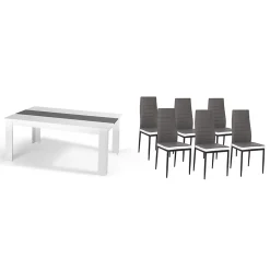 Ensemble table à manger GEORGIA 140 cm blanche et grise et 6 chaises ROMANE grises liseré blanc