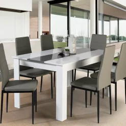 Ensemble table à manger GEORGIA 140 cm blanche et grise et 6 chaises ROMANE grises