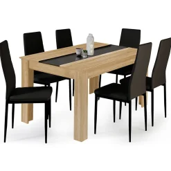 Ensemble table à manger GEORGIA 140 cm imitation hêtre et noire et 6 chaises ROMANE noires