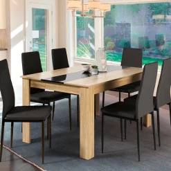 Ensemble table à manger GEORGIA 140 cm imitation hêtre et noire et 6 chaises ROMANE noires